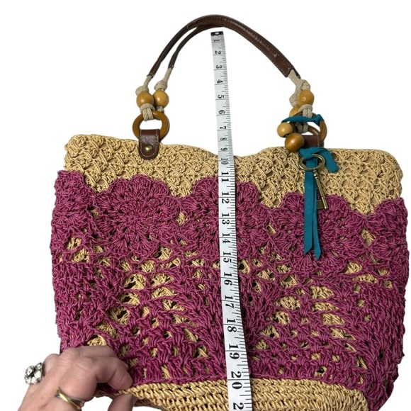 Fossil Long Live Vintage Raffia Straw Tote Bag Purse Leather Boho Beach Vacation - Picture 10 of 13